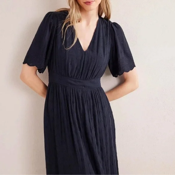 Boden Navy Lace Short Sleeve Maxi Dress Broderie Women’s Size 12 V Neck Long - Picture 10 of 16